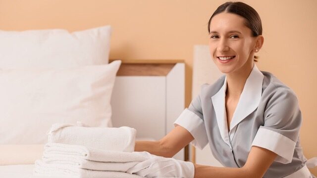 Mucama limpiando una cama con guantes y toallas.