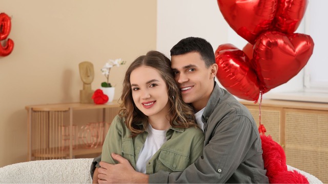  Pareja de novios jóvenes en una habitación, con globos de San Valentín.